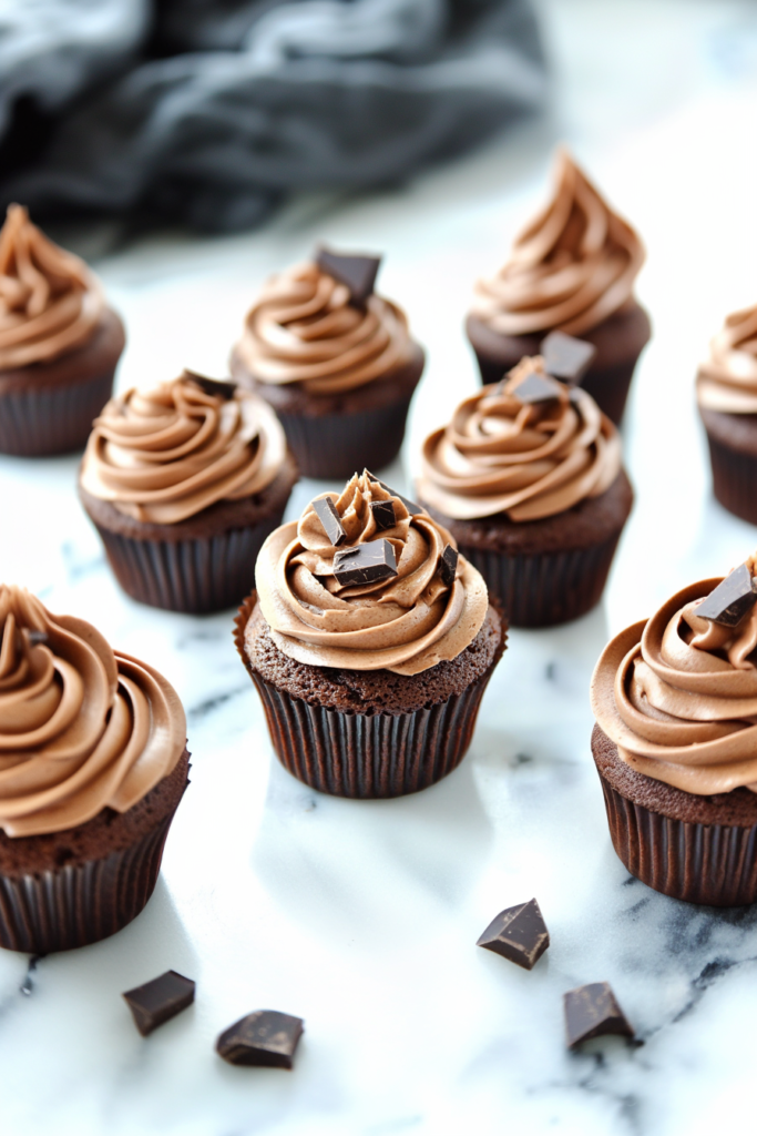 Overhead view of decadent cupcakes showcasing creamy frosting and texture details