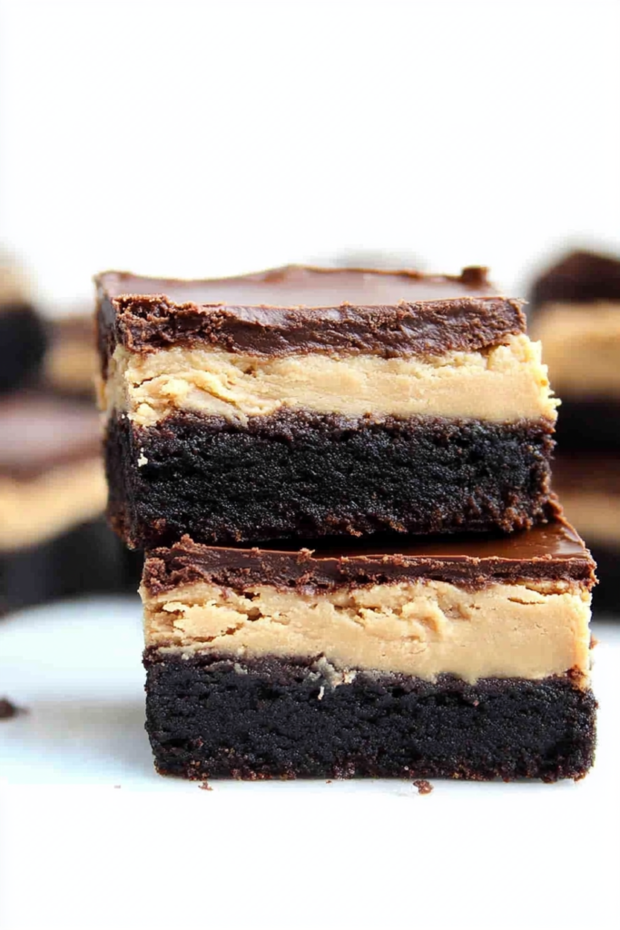 Close-up of layered chocolate and peanut butter squares with smooth ganache finish.
