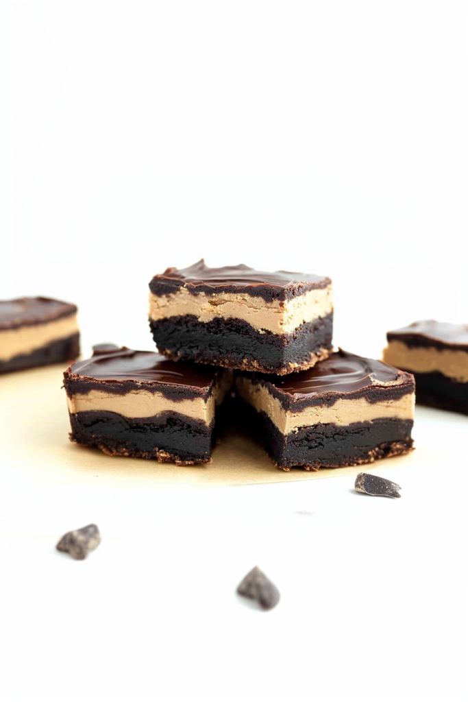 Neatly cut dessert bars revealing contrasting textures of brownie, peanut butter, and ganache.