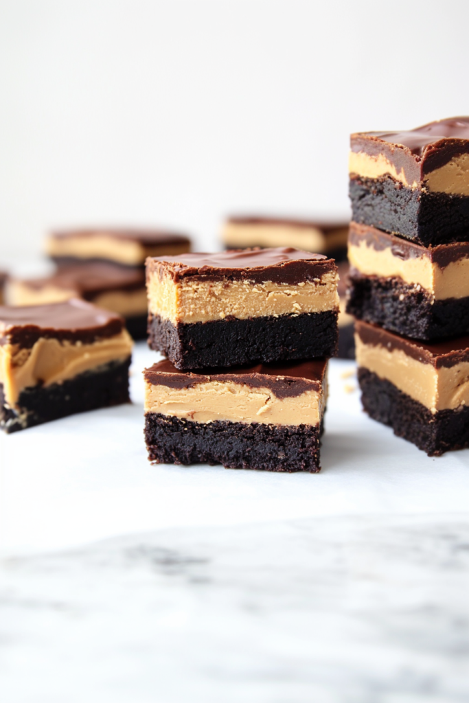 Stacked dessert bars showing rich brownie base, creamy peanut butter layer, and glossy chocolate top.