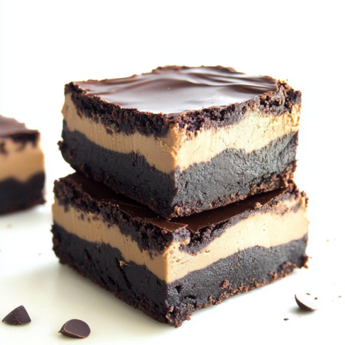 Indulgent chocolate-peanut butter squares styled to showcase their layered structure and richness.