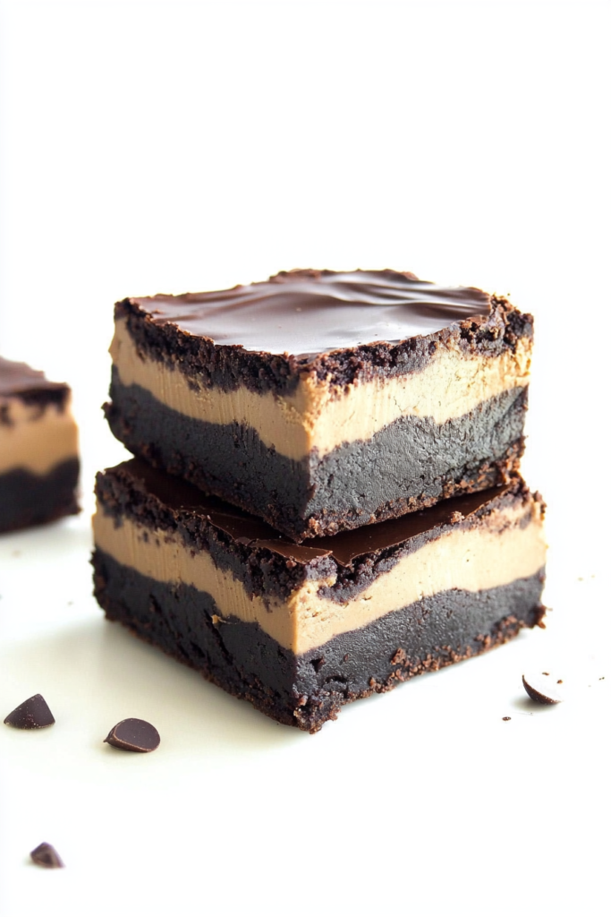 Indulgent chocolate-peanut butter squares styled to showcase their layered structure and richness.