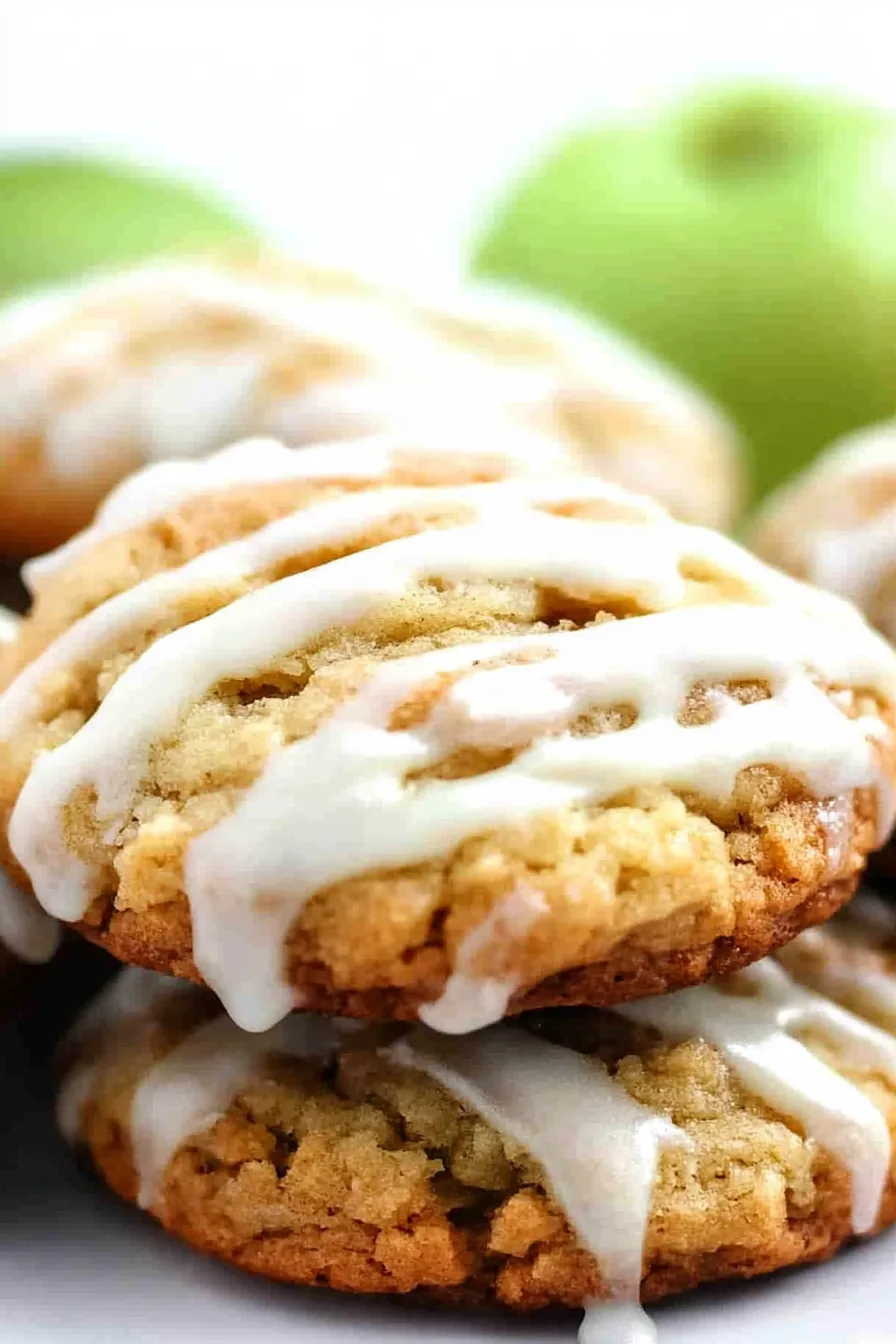 Stack of golden cookies drizzled with glossy vanilla glaze, styled with fresh apples in the background