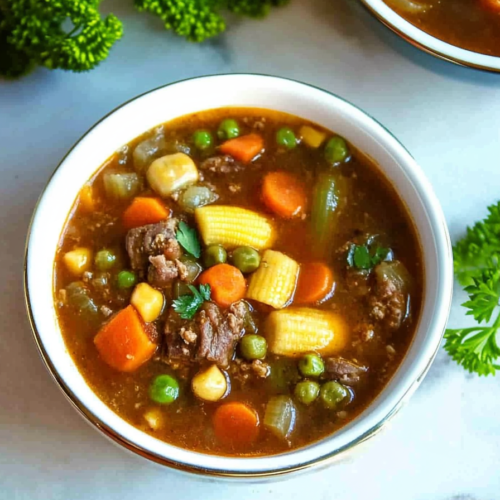 Bowl of savory beef stew with mixed vegetables including corn, carrots, and potatoes