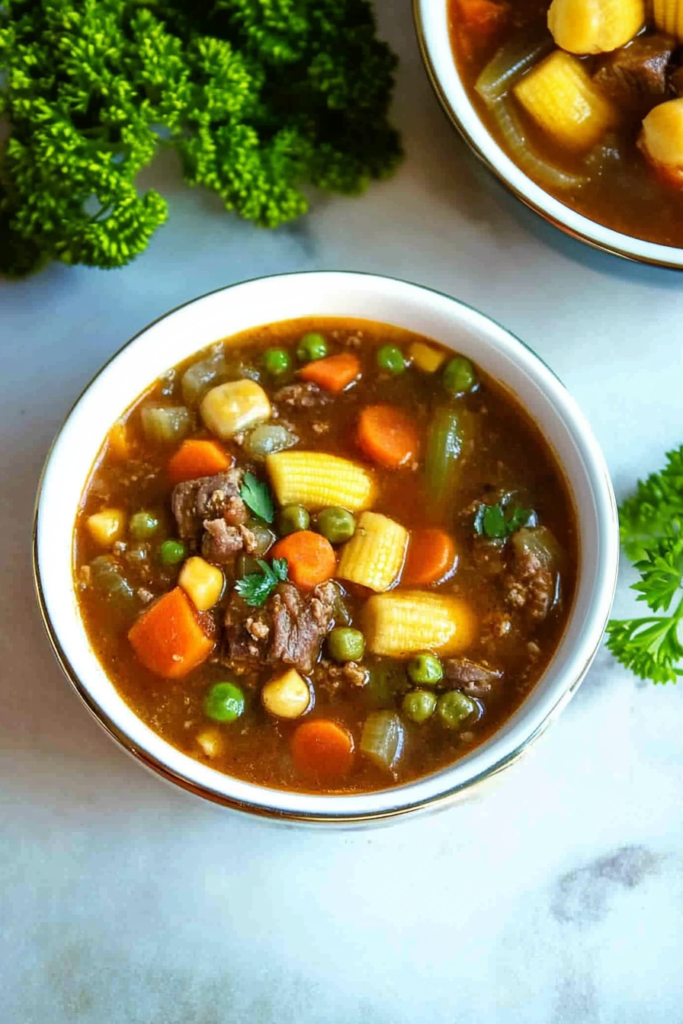 Bowl of savory beef stew with mixed vegetables including corn, carrots, and potatoes