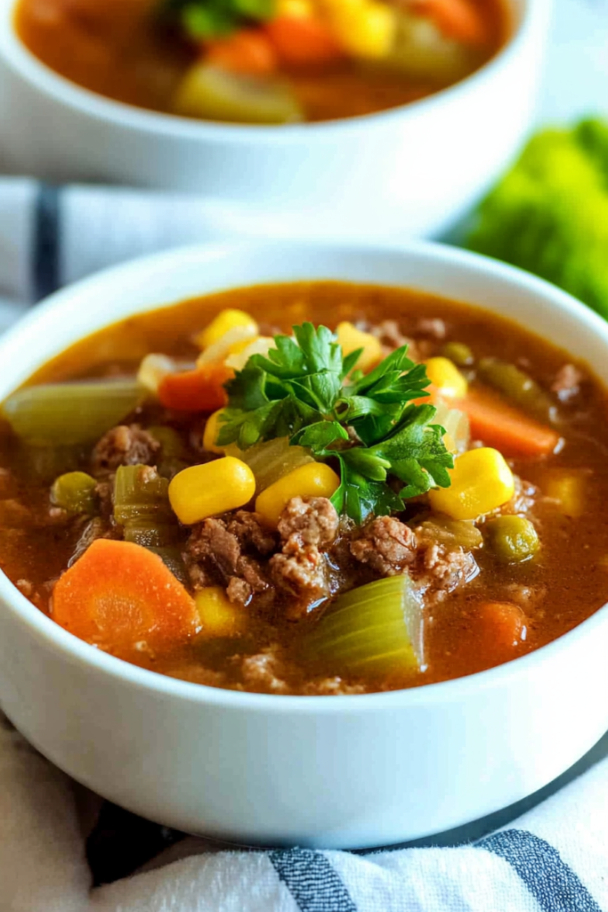Close-up of a comforting soup filled with beef pieces and colorful vegetables in a tomato-based broth