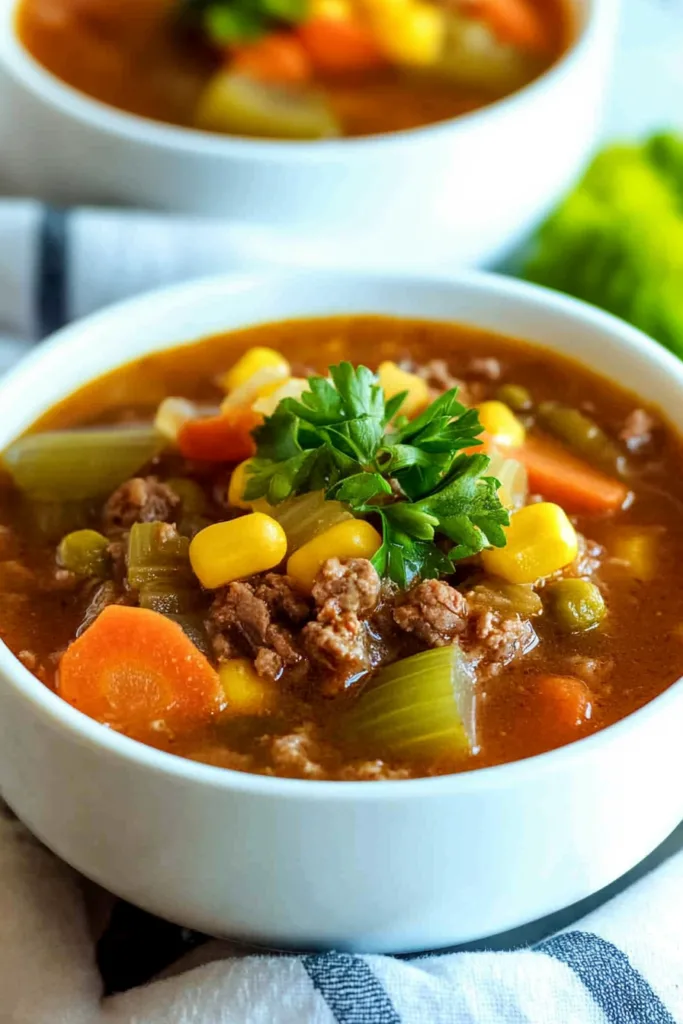 Close-up of a comforting soup filled with beef pieces and colorful vegetables in a tomato-based broth