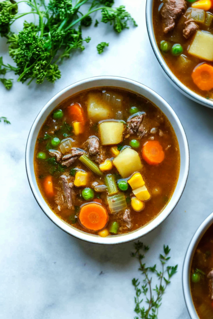 Hearty soup with tender beef chunks, potatoes, carrots, and green peas in a rich broth