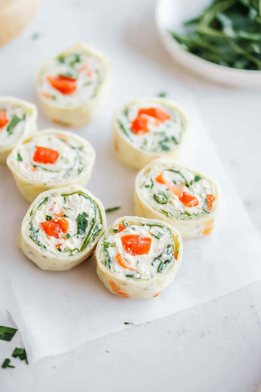 Bite-sized rolls displaying a swirl of cream cheese, spinach, and bell peppers.