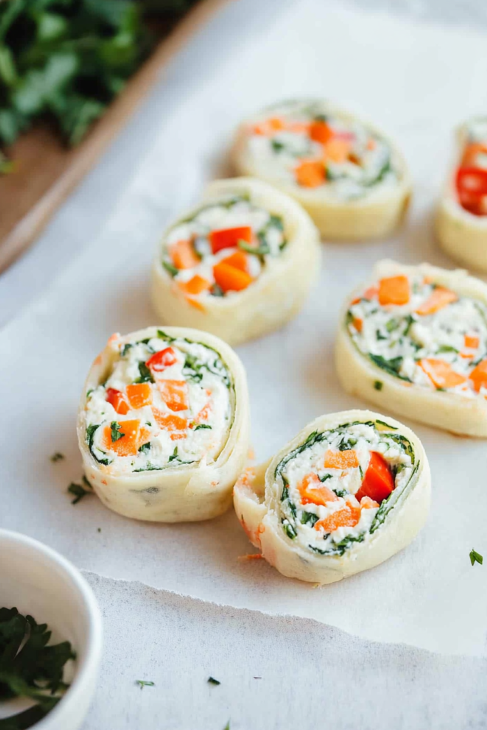 Neatly arranged pinwheel snacks on a white surface, highlighting their vibrant green, red, and orange hues.
