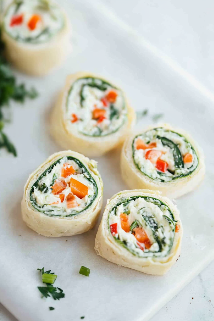Colorful tortilla pinwheels sliced into bite-sized rounds, showing a spiral of fresh vegetables.