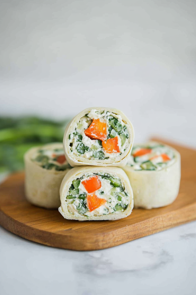 Soft tortilla spirals packed with creamy filling and crisp vegetables, garnished with fresh herbs.