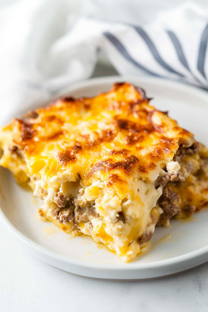 Rustic serving of casserole styled simply with browned top and rich textures.