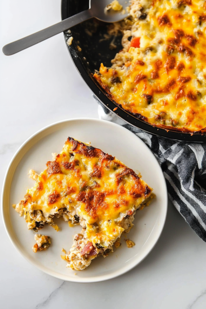 Comfort food presentation with bubbly cheese and savory baked layers.