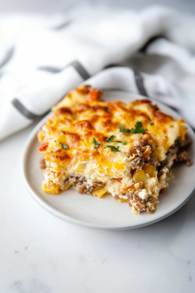 Final shot of casserole slice highlighting pasta layers, meat filling, and melted cheese crust.