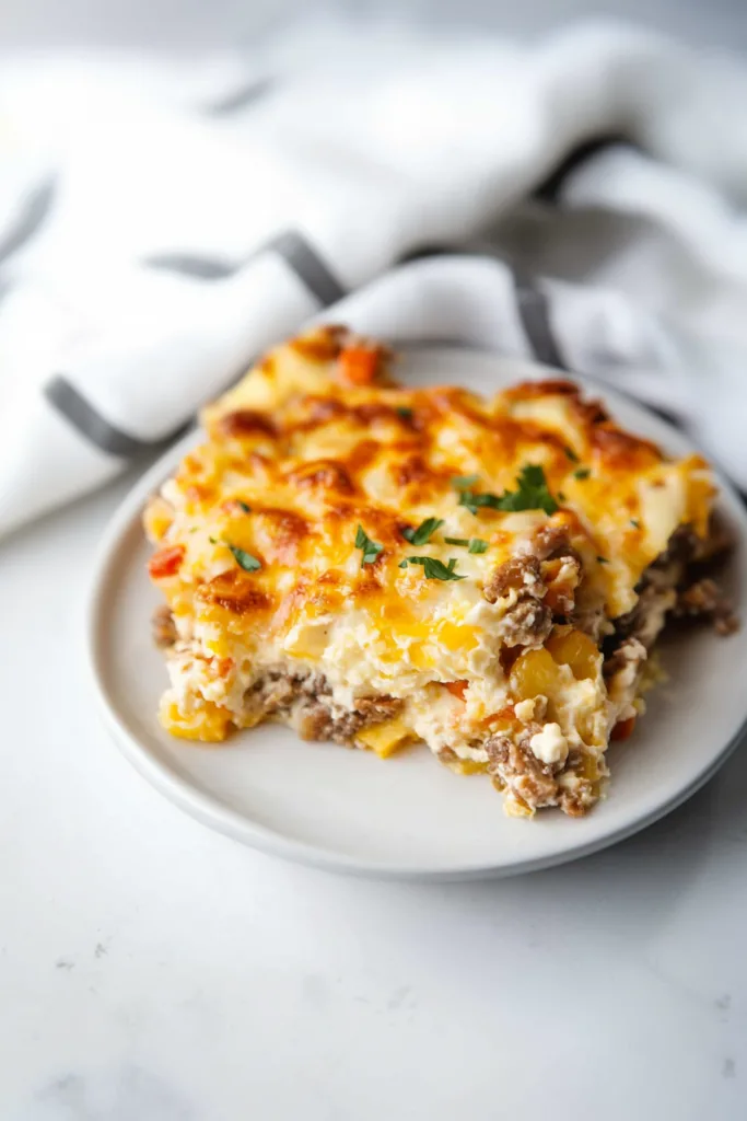 Final shot of casserole slice highlighting pasta layers, meat filling, and melted cheese crust.