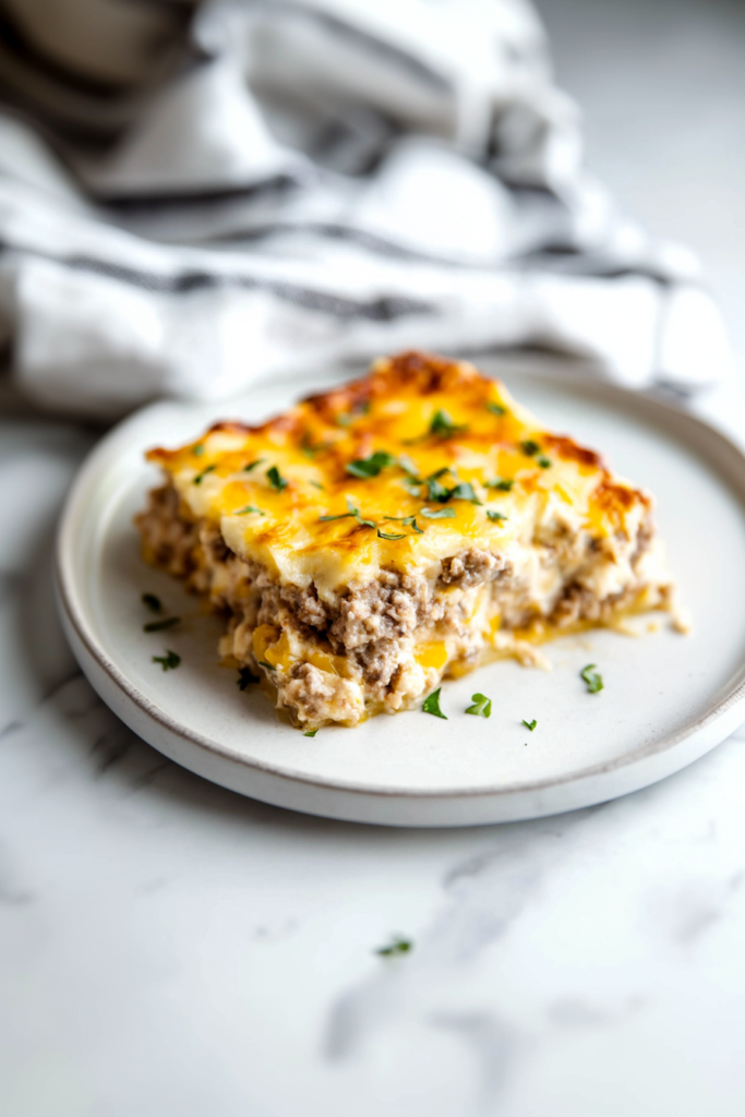 Serving of baked casserole with golden cheese topping and layered filling on a white plate.