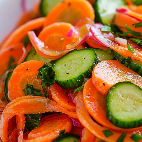 Crunchy vegetable salad with cucumbers, carrots, and red onion slices