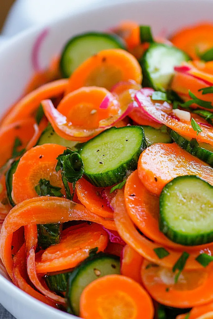 Crunchy vegetable salad with cucumbers, carrots, and red onion slices