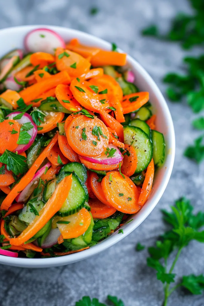 Colorful bowl of sliced cucumbers, carrots, and cilantro in a tangy mix