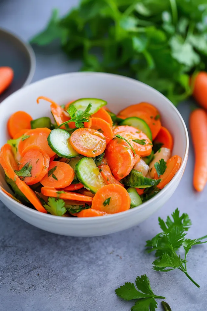 Fresh cucumber and carrot salad tossed with herbs and light dressing