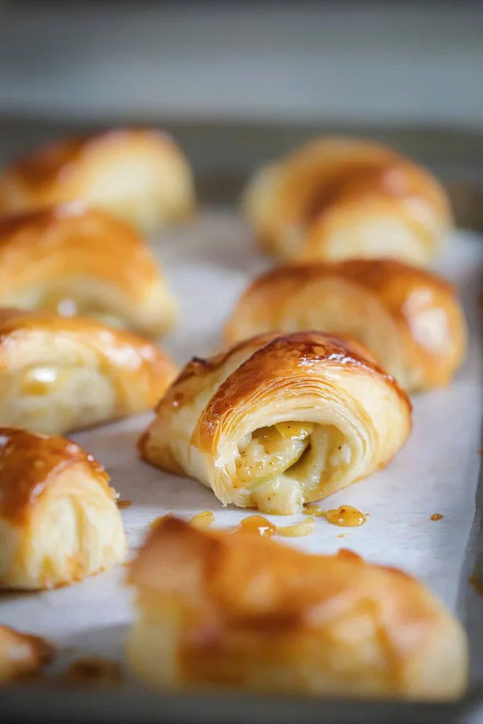 Golden puff pastry rolls with apple filling, fresh from the oven.