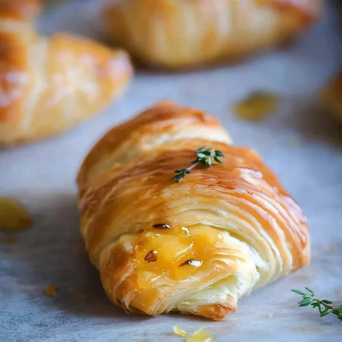 Finished appleโbrie rolls styled for serving, highlighting their golden crust.