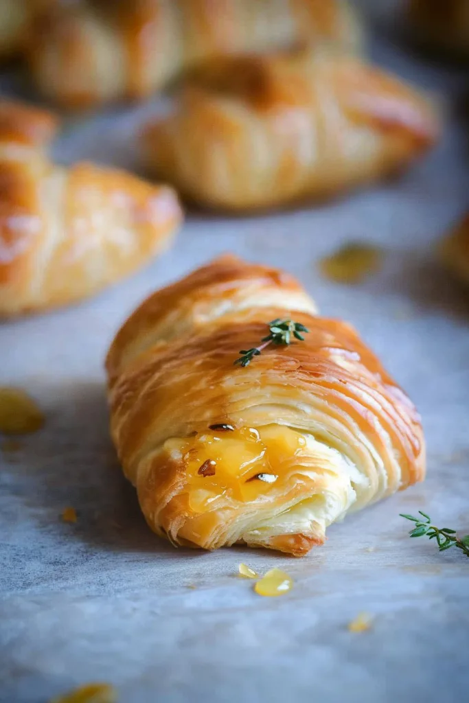 Finished appleโbrie rolls styled for serving, highlighting their golden crust.