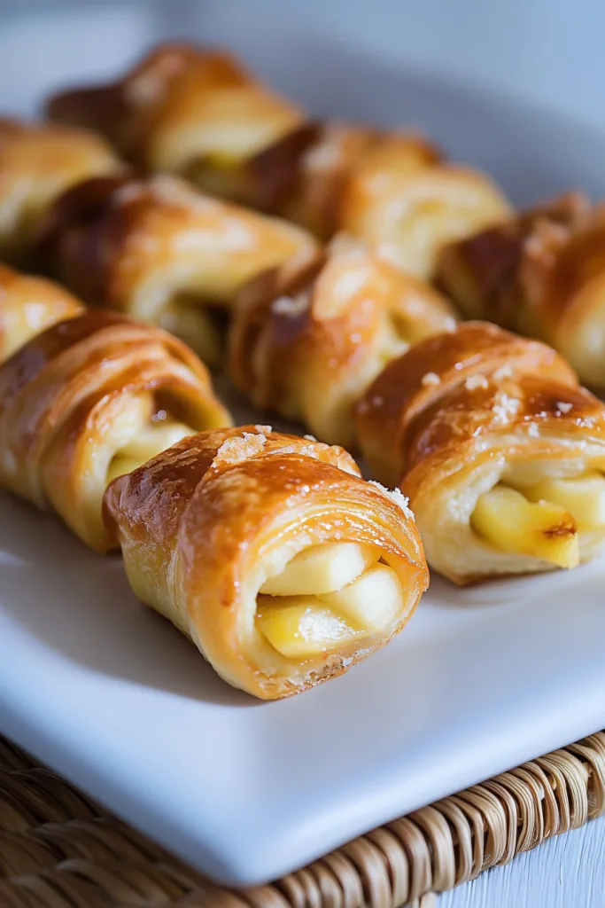 Flaky pastries arranged neatly on a serving plate, glossy and crisp.