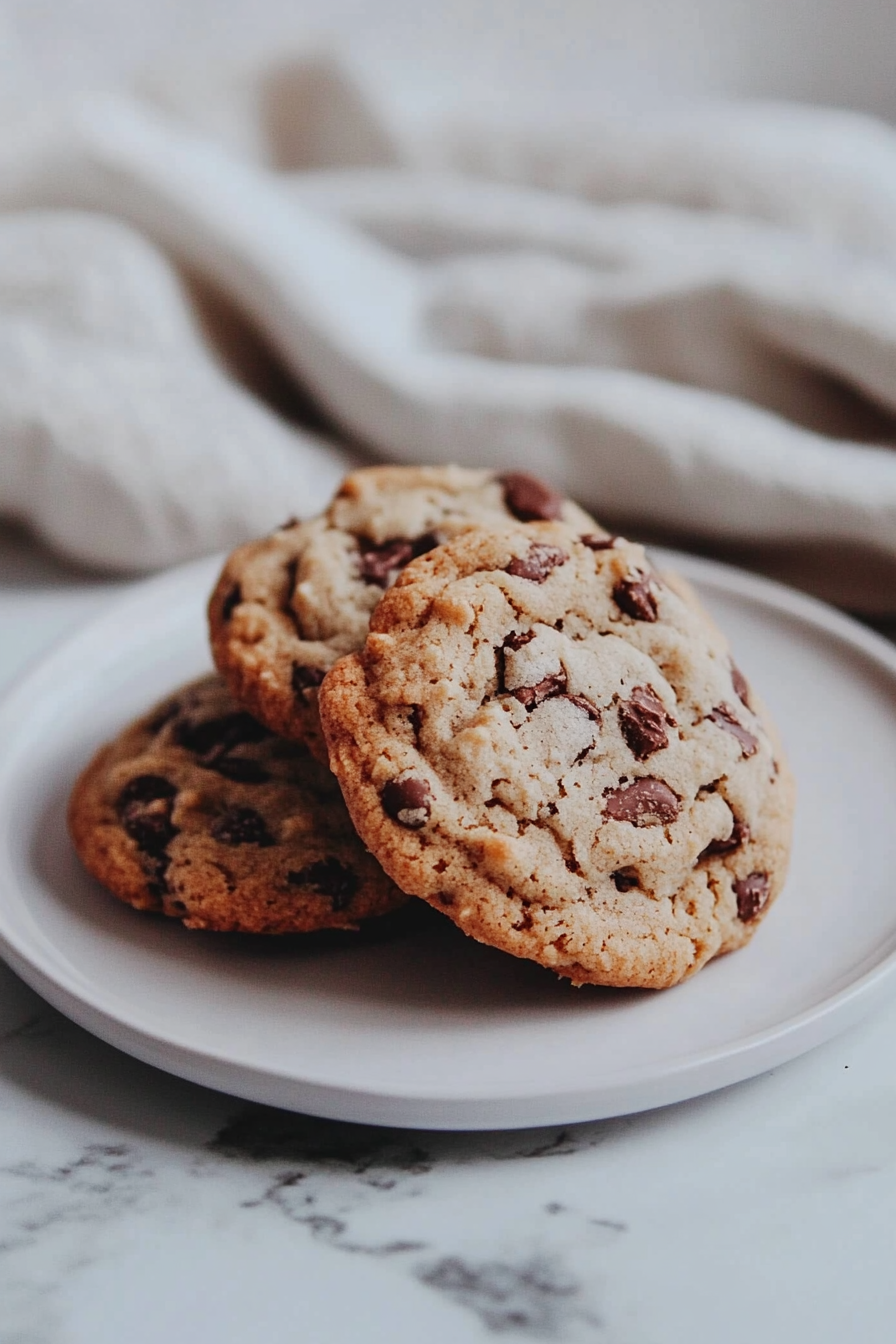 Freshly baked cookies loaded with chocolate chips on a white plate.
