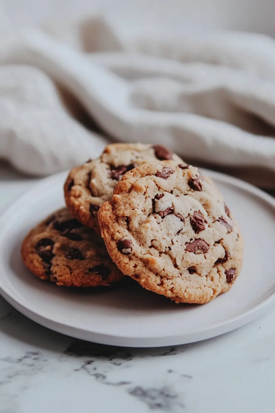 Freshly baked cookies loaded with chocolate chips on a white plate.