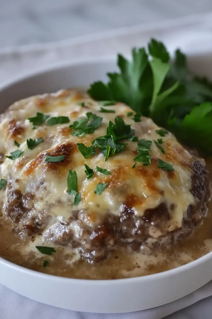 Plated hamburger steak bake showing melted cheese and parsley garnish.