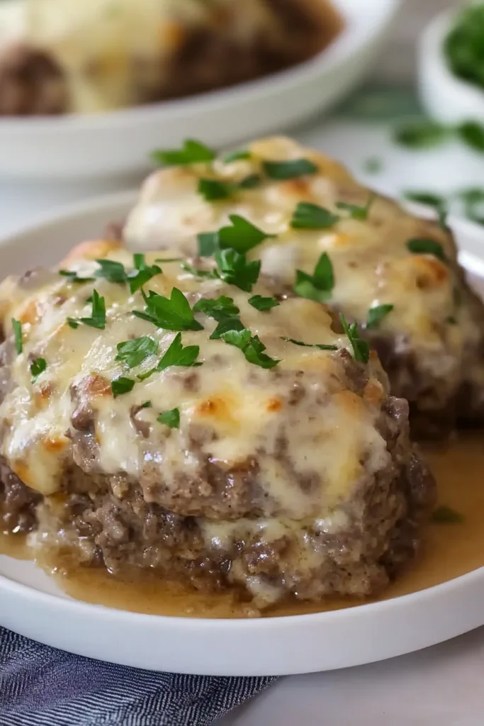 Savory baked hamburger patties served with creamy gravy on a white plate.