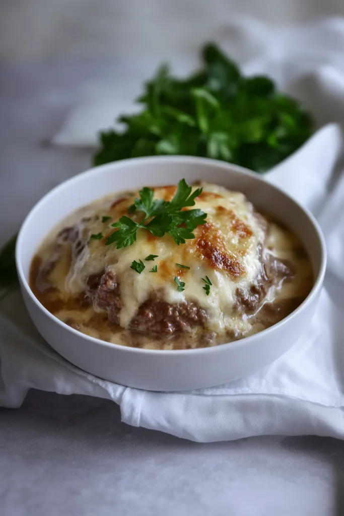 Comfort food dish of beef patties in brown sauce, finished with fresh herbs.