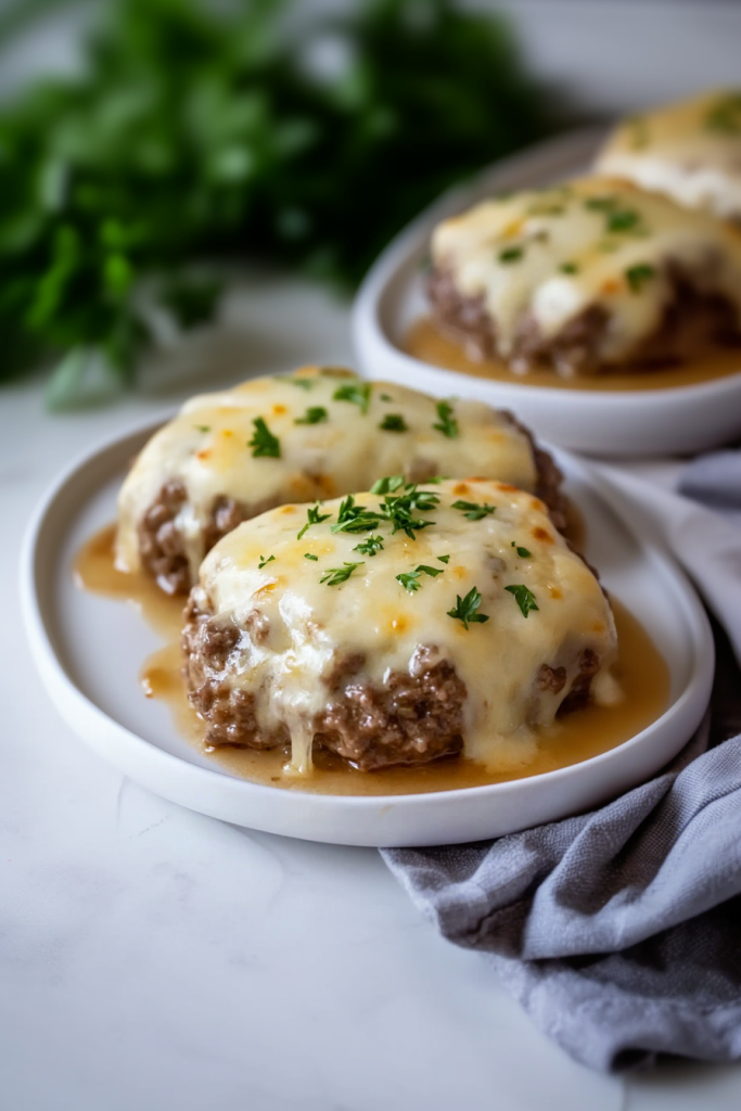 Cheesy hamburger patties smothered in rich gravy, garnished with parsley.