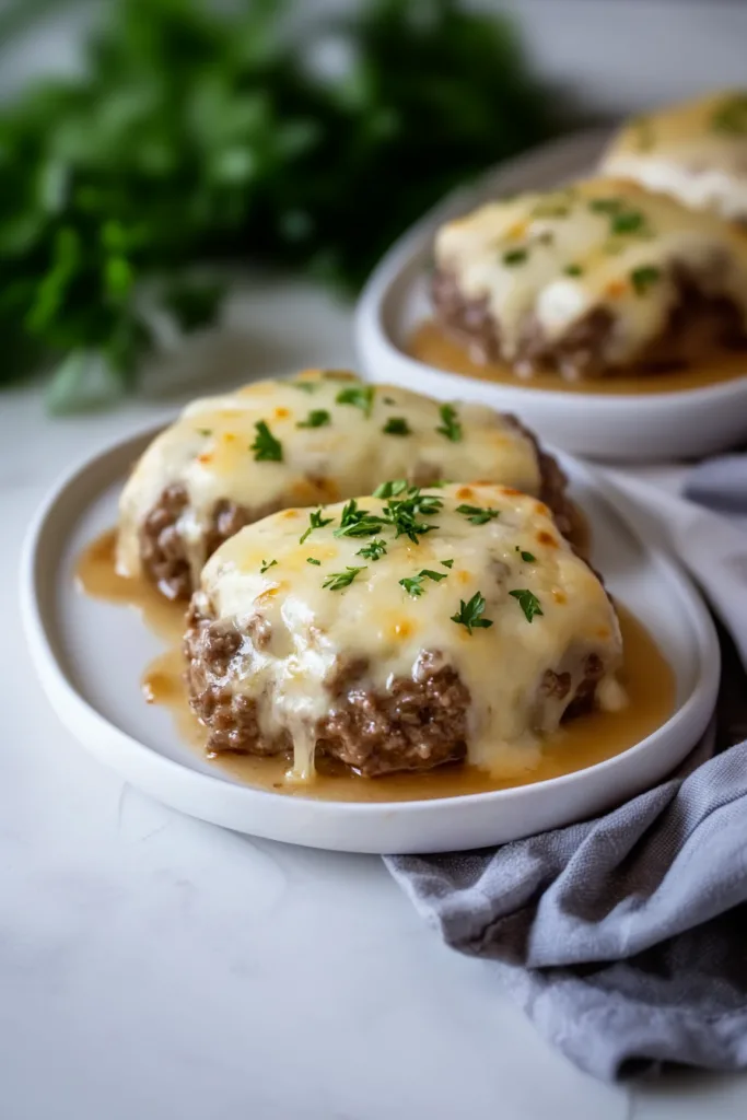 Cheesy hamburger patties smothered in rich gravy, garnished with parsley.