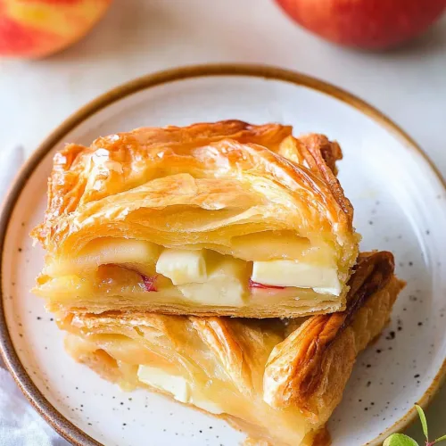 Slice of the phyllo bake on a plate, highlighting the creamy brie and tender apple filling inside.