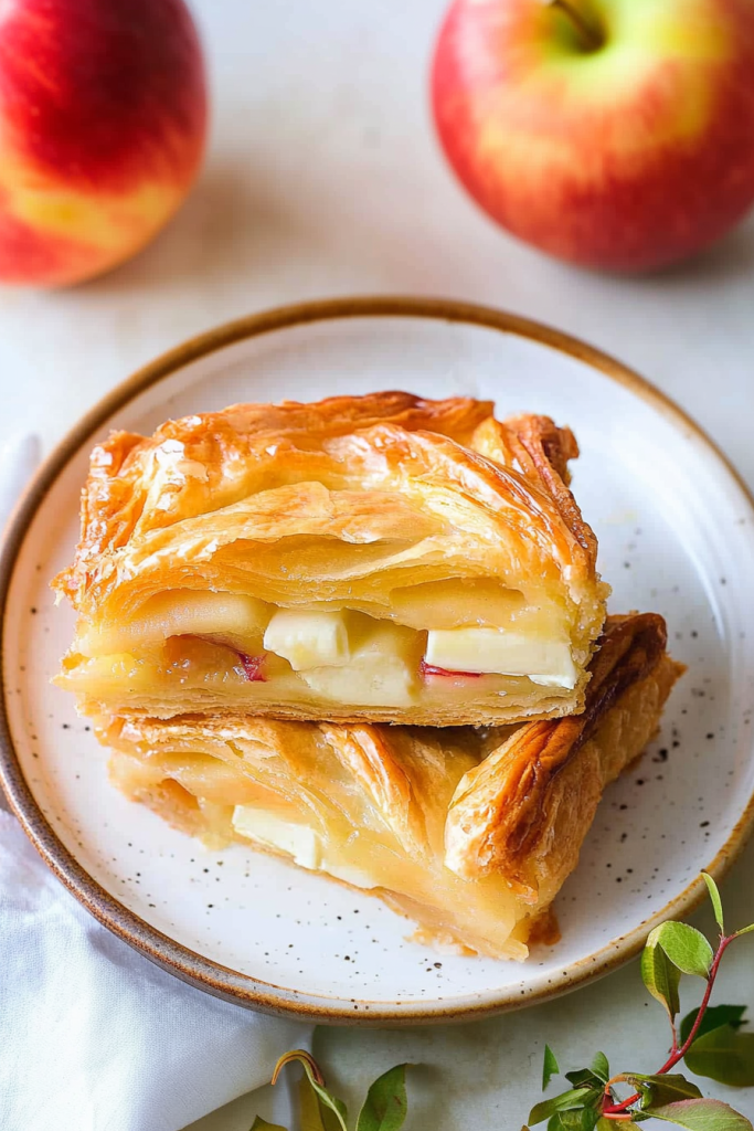 Slice of the phyllo bake on a plate, highlighting the creamy brie and tender apple filling inside.