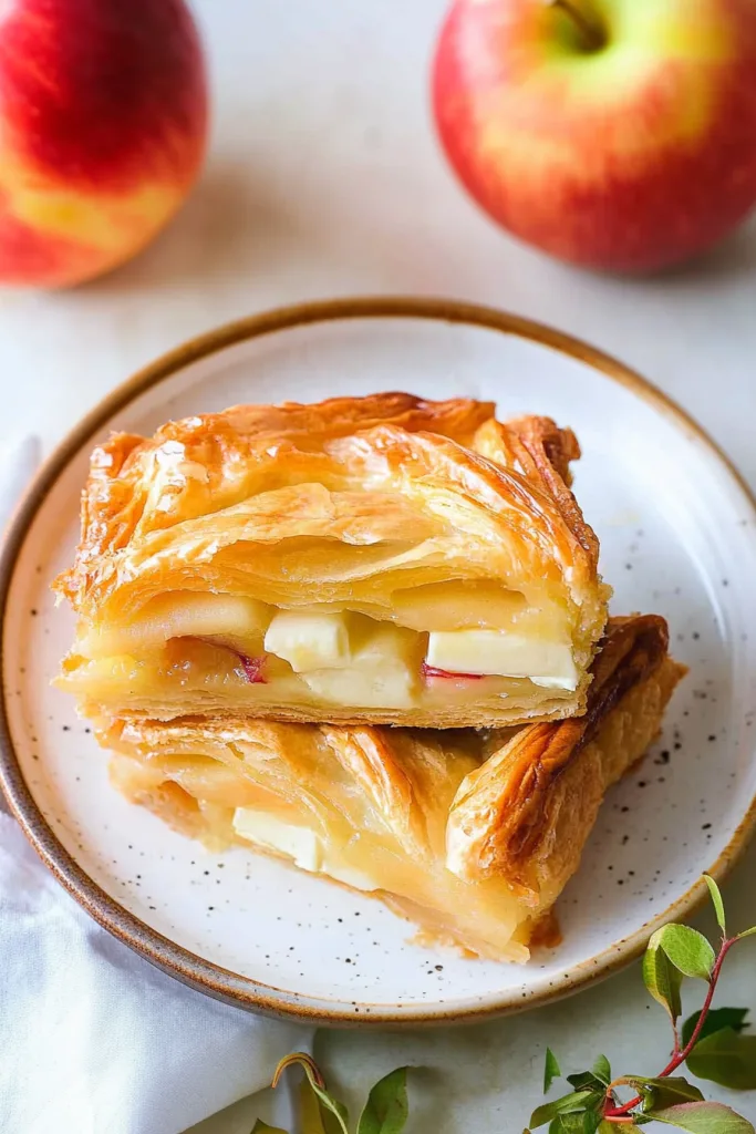 Slice of the phyllo bake on a plate, highlighting the creamy brie and tender apple filling inside.
