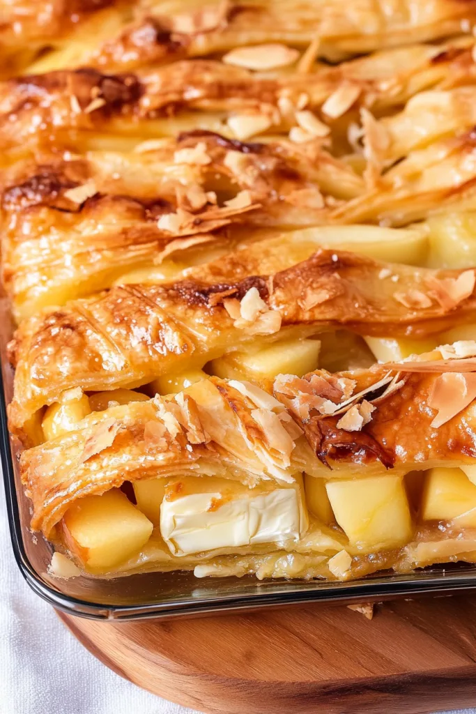 Overhead view of the baked phyllo dish, showing rustic folds and glossy browned surface.