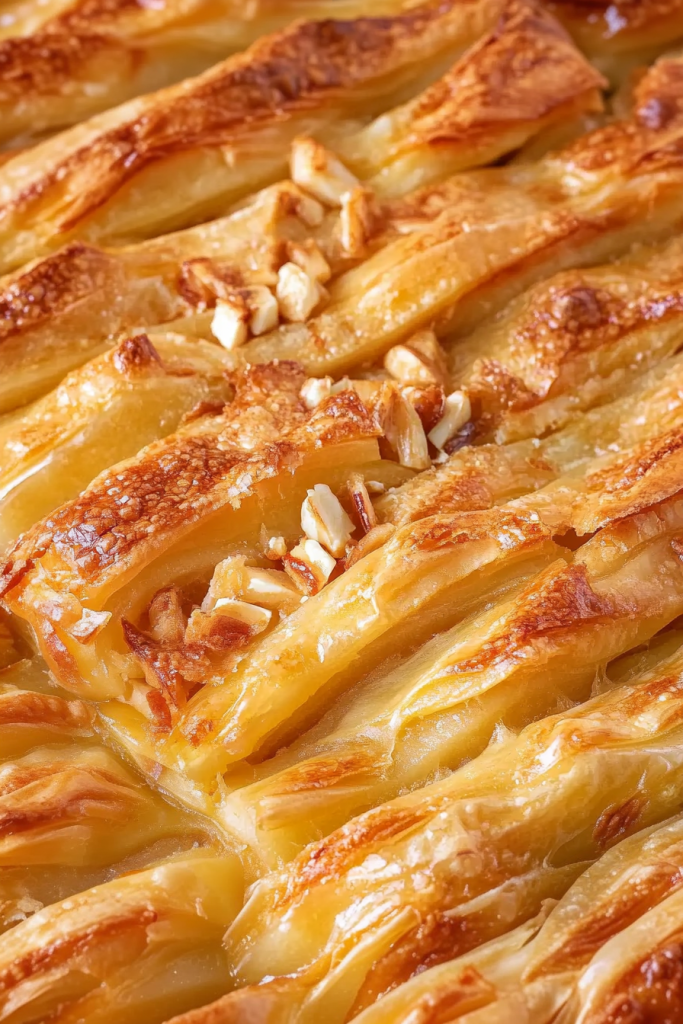 Close-up of crisp phyllo pastry with caramelized apple edges and melted cheese peeking through.