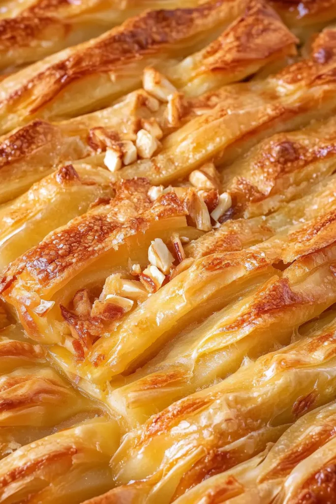 Close-up of crisp phyllo pastry with caramelized apple edges and melted cheese peeking through.