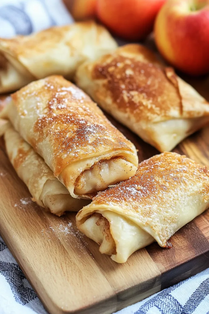 Golden brown apple dessert rolls with warm cinnamon filling and powdered sugar