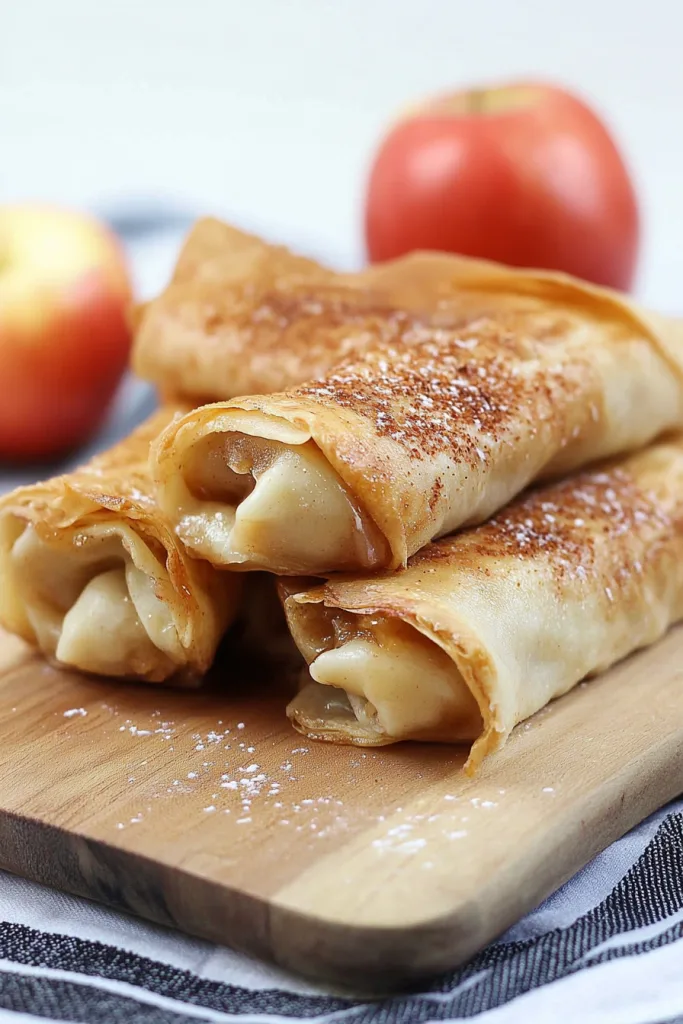 Crispy apple pie egg roll ups dusted with cinnamon sugar on a wooden board
