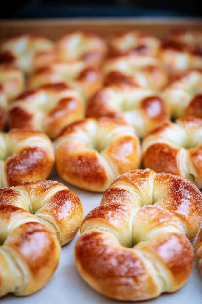 Ringโlike pastries grouped together, smooth glaze catching the light on their surface.