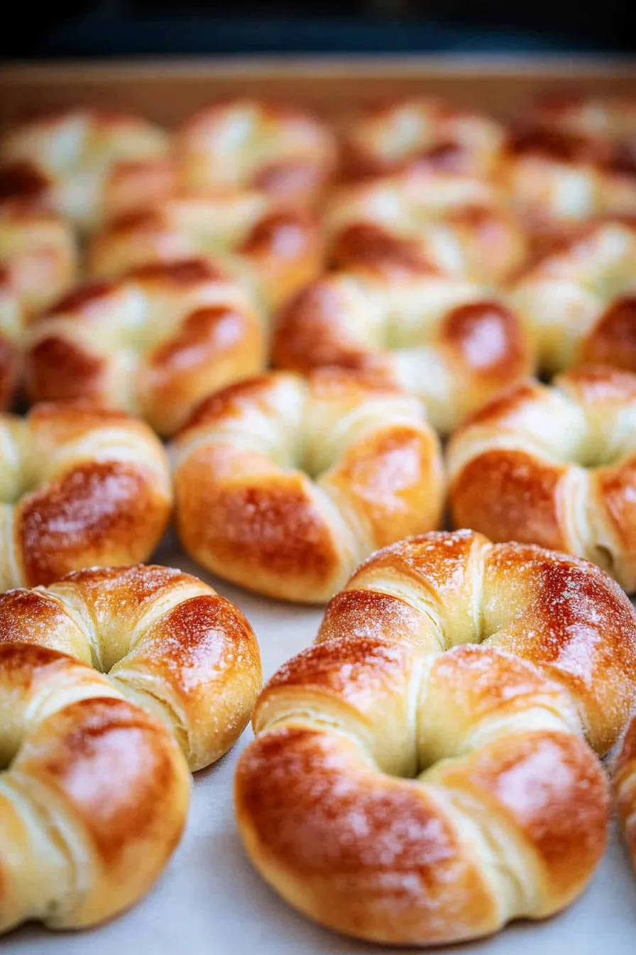 Ring‑like pastries grouped together, smooth glaze catching the light on their surface.