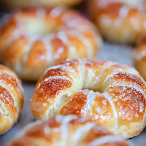 Freshly baked ringโshaped pastries with light glaze, soft texture highlighted by cracked tops.