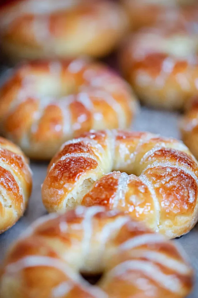 Freshly baked ringโshaped pastries with light glaze, soft texture highlighted by cracked tops.
