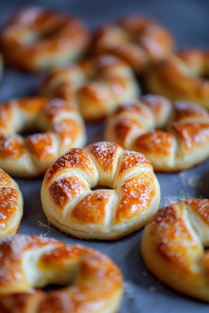 Goldenโbrown pastries arranged on a baking tray, glossy surface showing a tender finish.