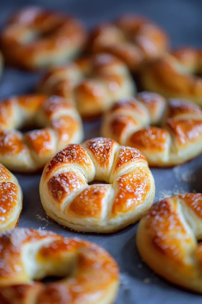 Goldenโbrown pastries arranged on a baking tray, glossy surface showing a tender finish.
